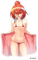 Rule 34 | 1girl, @ @, bikini, cameltoe, collarbone, cowboy shot, flat chest, gluteal fold, highres, long hair, looking at viewer, micro bikini, mikagura, open mouth, orange hair, original, ponytail, red bikini, red towel, simple background, smile, solo, swimsuit, white background, yellow eyes