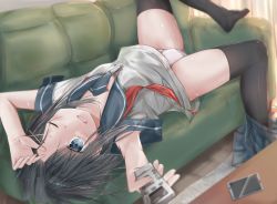 Rule 34 | 1girl, arms up, black hair, black thighhighs, blue eyes, blue sailor collar, blurry, blurry background, blurry foreground, cellphone, commentary, controller, couch, crotch seam, depth of field, erumu (kongou114), grey shirt, holding, holding remote control, indoors, leg up, looking at viewer, looking back, lying, medium hair, neckerchief, no pants, on back, on couch, one eye closed, open mouth, original, panties, phone, red neckerchief, remote control, sailor collar, shirt, short sleeves, skirt, skirt around one leg, smartphone, smile, solo, sweat, thighhighs, underwear, undone neckerchief, white panties
