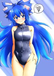 Rule 34 | 1girl, black one-piece swimsuit, blue eyes, blue hair, blush, bow, breasts, competition swimsuit, d-m (dii emu), front zipper swimsuit, hair bow, highres, long hair, looking at viewer, meme attire, one-piece swimsuit, small breasts, smile, solo, swimsuit, touhou, yorigami shion