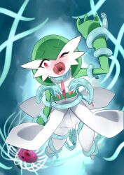 Rule 34 | 1girl, absurdres, arm at side, arm up, blue background, blurry, blurry background, blush, bob cut, colored skin, constricted pupils, creatures (company), female focus, flat chest, game freak, gardevoir, gen 3 pokemon, green hair, green skin, hair between eyes, half-closed eye, highres, imminent penetration, looking back, m3 (gardevoir m3), monster, multicolored skin, nintendo, nose blush, open mouth, pokemon, pokemon (creature), raised eyebrows, red eyes, restrained, saliva, short hair, skindentation, slime (substance), solo, suspension, tentacles, tongue, two-tone skin, uneven eyes, uvula, wavy mouth, white skin