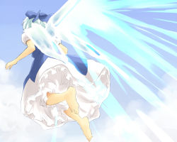 Rule 34 | 1girl, bloomers, blue hair, bow, cirno, day, hair bow, ice, ice wings, short hair, sky, solo, touhou, underwear, upskirt, white bloomers, wings, yudepii