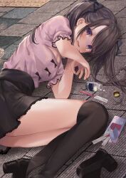 Rule 34 | 1girl, black bow, black footwear, black skirt, black socks, blade, blush, bow, breasts, brown hair, cleavage, cleavage cutout, clothing cutout, commentary request, crying, feet out of frame, frilled sleeves, frills, from above, hair bow, highres, jirai kei, lace, lace-trimmed skirt, lace trim, long hair, looking at viewer, lying, on ground, on side, original, outdoors, over-kneehighs, pill, pill bottle, pink shirt, platform footwear, puffy short sleeves, puffy sleeves, purple eyes, saliva, scar, self-harm, shanghai bisu, shirt, shirt tucked in, shoes, short sleeves, single shoe, skirt, small breasts, socks, streaming tears, tears, thighhighs, thighs, turn pale, two side up, wavy mouth, wrist cutting