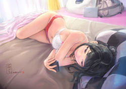 Rule 34 | 1girl, bare arms, bare shoulders, bed, black hair, blush, bra, breasts, brown eyes, carina (xiaowoo), cellphone, character name, cleavage, copyright name, day, full body, highres, indoors, legs together, lipstick, long hair, looking at phone, lying, makeup, moka (carina), navel, on side, original, panties, phone, red panties, smile, solo, thighs, under covers, underwear, underwear only