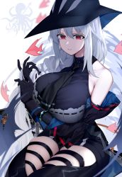 Rule 34 | 1girl, arknights, bare shoulders, black gloves, braid, breasts, clothing cutout, commentary request, detached sleeves, gloves, hair between eyes, hat, large breasts, long hair, looking at viewer, parted lips, red eyes, silver hair, sitting, skadi (arknights), skadi (elite ii) (arknights), skindentation, solo, thigh cutout, very long hair, xiujia yihuizi