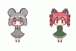 Rule 34 | 2girls, :&lt;, :3, animal ears, animated, animated gif, arms behind back, bow, braid, cat ears, cat girl, cat tail, dress, female focus, grey hair, hair bow, jewelry, kaenbyou rin, lowres, maitora, mouse ears, multiple girls, multiple tails, nazrin, pendant, red eyes, red hair, short hair, tail, touhou, twin braids, twintails