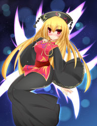 Rule 34 | 1girl, blonde hair, blush, gradient background, hat, highres, junko (touhou), legacy of lunatic kingdom, red eyes, sky, solo, star (sky), starry sky, tabard, tail, tamano nae, touhou, wide sleeves