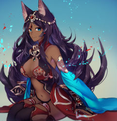 Rule 34 | 1girl, absurdres, animal ears, bare shoulders, black hair, blue eyes, breasts, circlet, cleavage, dark-skinned female, dark skin, fate/grand order, fate (series), forehead jewel, gem, head chain, highres, jewelry, kakisi1328, large breasts, long hair, looking at viewer, navel, queen of sheba (fate), revealing clothes, sitting, smile, solo, thighhighs