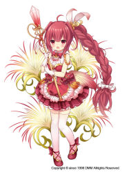Rule 34 | 1girl, :o, ahoge, bow, braid, flower, flower knight girl, full body, gloves, hair bow, hair intakes, long hair, looking at viewer, name connection, object namesake, official art, pachira (flower knight girl), red eyes, red footwear, red hair, red skirt, shiodome oji, shoes, skirt, solo, staff, standing, thighhighs, white background, white bow, white gloves, white thighhighs