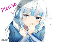 Rule 34 | 1girl, artist name, aties20, blue eyes, blue hair, blue hoodie, collarbone, commentary request, covered mouth, english text, gawr gura, grey hair, hair ornament, hands up, heart, hololive, hololive english, hood, hood down, hoodie, long hair, long sleeves, looking at viewer, multicolored hair, shark hair ornament, simple background, sleeves past wrists, solo, streaked hair, upper body, virtual youtuber, white background, wide sleeves