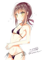 1girl bikini black_bikini blush breasts closed_mouth female_focus fubuki_(kancolle) hair_between_eyes highres hizaka kantai_collection looking_at_viewer medium_hair micro_bikini one-hour_drawing_challenge ponytail side-tie_bikini_bottom simple_background small_breasts solo swimsuit twitter_username white_background