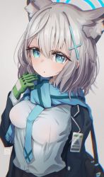 Rule 34 | 1girl, animal ear fluff, animal ears, bag, black jacket, black skirt, blue archive, blue eyes, blue necktie, blue scarf, blush, commentary request, fringe trim, gloves, green gloves, grey background, grey hair, hair between eyes, halo, hand up, highres, jacket, looking at viewer, necktie, open clothes, open jacket, parted lips, pleated skirt, saebashi, scarf, school bag, school uniform, shiroko (blue archive), shirt, simple background, skirt, solo, white shirt