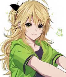Rule 34 | 1girl, ahoge, artist name, bad id, bad pixiv id, bow, green eyes, hair bow, hoshii miki, idolmaster, idolmaster (classic), looking at viewer, lowres, ponytail, rod (rod4817), simple background, smile, solo