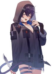 Rule 34 | 1boy, black hood, black jacket, demon tail, earrings, gloves, heart, heart in eye, highres, holding, holding knife, hood, hood up, indie virtual youtuber, jacket, jewelry, knife, long sleeves, male focus, open mouth, purple hair, rr ayan, short hair, shoto (vtuber), solo, symbol in eye, tail, tears, tongue, tongue out, virtual youtuber