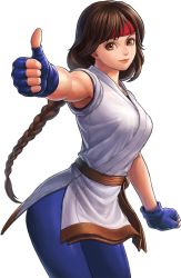 Rule 34 | 1girl, ass, braid, braided ponytail, brown hair, headband, looking at viewer, official art, ryuuko no ken, smile, snk, solo, spandex, the king of fighters, thumbs up, yuri sakazaki