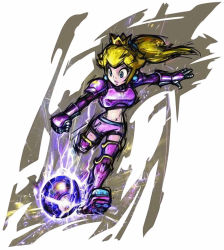 Rule 34 | 1girl, armor, ball, bikini armor, blonde hair, blue eyes, breastplate, cleats, clenched hand, crown, earrings, electricity, energy, flipped hair, gauntlets, greaves, imminent kick, jewelry, long hair, mario (series), mario strikers charged, masanori sato, midriff, navel, nintendo, official art, outstretched arm, pauldrons, ponytail, princess peach, shorts, shoulder armor, sidelocks, soccer, solo, strikers peach