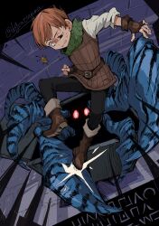 Rule 34 | 1boy, absurdres, armor, belt, black eyes, black pants, brick wall, brown gloves, bug, chilchuck tims, coin, dogcatsanma, dungeon meshi, emphasis lines, fingerless gloves, flying sweatdrops, from above, full body, glint, gloves, glowing, glowing eyes, green scarf, halfling, hermit crab, heterochromia, highres, jumping, leather armor, looking at another, looking down, looking up, male focus, mimic, mimic chest, monster, outstretched arm, pants, red eyes, scarf, shirt, short hair, sweat, uneven eyes, white shirt