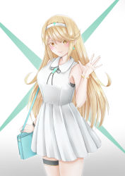 Rule 34 | 1girl, bare shoulders, blonde hair, blush, breasts, casual, dress, earrings, gem, headpiece, highres, jewelry, large breasts, long hair, looking at viewer, mythra (xenoblade), nintendo, sarasadou dan, simple background, smile, solo, swept bangs, thigh strap, tiara, very long hair, white background, white dress, xenoblade chronicles (series), xenoblade chronicles 2, yellow eyes