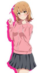 Rule 34 | 1girl, black skirt, blush, bocchi the rock!, brown eyes, brown hair, closed mouth, commentary request, cosplay, cube hair ornament, dars (recolors), gotoh hitori (cosplay), gotoh hitori, hair ornament, hands up, highres, isshiki iroha, jacket, long sleeves, looking at viewer, medium hair, one side up, outline, pink jacket, pink outline, pleated skirt, simple background, skirt, smile, solo, standing, track jacket, white background, yahari ore no seishun lovecome wa machigatteiru.