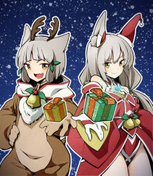 Rule 34 | 2girls, animal costume, animal ear fluff, animal ears, antlers, bell, blue background, blunt bangs, box, breasts, brown gloves, cat ears, christmas, closed mouth, cowboy shot, deer tail, detached sleeves, dress, dual persona, facial mark, fake antlers, fang, fur-trimmed headwear, fur trim, gift, gift box, gloves, grey hair, hair ornament, hand on own hip, hat, highena, holding, holding gift, horns, incoming gift, long hair, multiple girls, neck bell, nia (blade) (xenoblade), nia (xenoblade), open mouth, red robe, reindeer antlers, reindeer costume, robe, santa dress, santa hat, short hair, skin fang, small breasts, smile, snowflake background, tail, time paradox, twintails, white gloves, white hood, xenoblade chronicles (series), xenoblade chronicles 2, yellow eyes