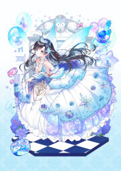 Rule 34 | 1girl, balloon, bare shoulders, black hair, blue background, blue eyes, blue flower, blue hair, blue wings, breasts, checkered floor, cleavage, closed mouth, commentary request, crystal, dress, floating hair, flower, frilled dress, frills, gradient background, highres, long hair, looking at viewer, medium breasts, multicolored hair, original, rednian, solo, strapless, strapless dress, tiara, two-tone hair, very long hair, white background, white dress, white wings, wings