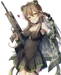 Rule 34 | 1girl, black choker, black gloves, black shirt, blush, bow, breasts, brown hair, bullpup, camouflage, camouflage jacket, choker, closed mouth, clothes pull, collarbone, covered navel, double bun, feet out of frame, fingerless gloves, fur-trimmed jacket, fur trim, girls&#039; frontline, gloves, green eyes, gun, hair bow, hair bun, heart, heart print, highres, holding, holding gun, holding weapon, jacket, jacket pull, jewelry, kel-tec rfb, kogarashi kon, licking lips, long hair, looking at viewer, medium breasts, necklace, open clothes, open jacket, rfb (girls&#039; frontline), rifle, shirt, smile, solo, standing, tongue, tongue out, weapon, white background