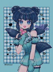 Rule 34 | 1girl, :d, bare shoulders, blue eyes, blue hair, blush, choker, cowboy shot, detached sleeves, double bun, dress, gloves, hair bun, highres, holding, looking at viewer, magical girl, mew mint, narumame, open mouth, puffy sleeves, short hair, smile, solo, standing, tail, tokyo mew mew, wings