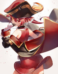 Rule 34 | 1girl, absurdres, bare shoulders, beige background, black hat, blush, breasts, commentary, eyepatch, gloves, hair between eyes, hat, heart, heart print, heterochromia, highres, holding eyepatch, hololive, houshou marine, large breasts, long hair, looking at viewer, multicolored clothes, multicolored hat, open mouth, pirate hat, red eyes, red hair, red hat, ribbon, scottie (phantom2), simple background, skirt, smile, solo, twintails, unworn eyepatch, virtual youtuber, white gloves
