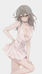 Rule 34 | 1girl, absurdres, alternate costume, bare arms, bare legs, bare shoulders, black choker, breasts, choker, cleavage, commentary, dress, earrings, feint721, grey background, grey hair, hand on own hip, highres, honkai: star rail, honkai (series), jewelry, long hair, looking at viewer, medium breasts, short dress, simple background, solo, standing, stelle (honkai: star rail), thighs, trailblazer (honkai: star rail), white dress, yellow eyes