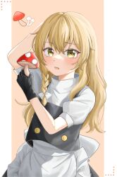 Rule 34 | 1girl, apron, arm up, back bow, black gloves, black skirt, black vest, blonde hair, blush, bow, braid, brown background, cowboy shot, gloves, hair between eyes, hair bow, highres, holding, holding mushroom, kirisame marisa, large bow, long hair, looking at object, marisa day, mushroom, no headwear, open mouth, pillarboxed, puffy short sleeves, puffy sleeves, shirt, short sleeves, simple background, single braid, skirt, solo, temmie (temi maru), touhou, vest, waist apron, white apron, white background, white bow, white shirt, yellow eyes