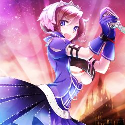 Rule 34 | 10s, 1girl, 2014, :d, anko anko, anniversary, backlighting, belt, belt bra, blue crystal (module), blue dress, blue eyes, blue gloves, breasts, brown hair, buckle, castle, character name, cleavage, cowboy shot, dress, epaulettes, eyebrows, eyelashes, feather hair, gloves, hair between eyes, holding, large breasts, lens flare, looking at viewer, meiko (vocaloid), microphone stand, nostalogic (vocaloid), open mouth, pleated dress, project diva (series), project diva f, puff and slash sleeves, puffy short sleeves, puffy sleeves, short hair, short sleeves, silhouette, smile, solo, sparkle, stage lights, tiara, underboob, vocaloid