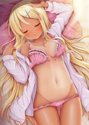 Rule 34 | 1girl, arm up, bed sheet, blonde hair, blush, bra, breasts, cleavage, closed eyes, commentary request, facing viewer, floral print, flower bra, flower panties, frilled bra, frills, front-hook bra, groin, hair ornament, hairclip, highres, kin-iro mosaic, kujou karen, long hair, long sleeves, lying, medium breasts, minato ojitan, navel, on back, on bed, one-piece tan, open bra, open clothes, open shirt, panties, panty pull, parted lips, pillow, pink bra, pink panties, print bra, print panties, shirt, sleeping, solo, stomach, tan, tanline, thigh gap, underwear, unfastened, very long hair, white shirt, x hair ornament
