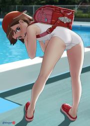 Rule 34 | 1girl, ass, backpack, bag, bare arms, bare legs, bare shoulders, bent over, blush, breasts, brown eyes, brown hair, child, commentary request, crocs, from behind, full body, hat, highres, kneepits, legs, looking at viewer, looking back, mu-pyon, one-piece swimsuit, open mouth, original, outdoors, pool, randoseru, red footwear, shoes, short hair, small breasts, solo, swimsuit, twitter username, white one-piece swimsuit