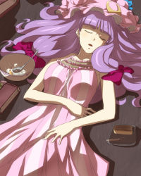 Rule 34 | 1girl, bare shoulders, book, bow, bowl, breasts, cake, cleavage, dress, closed eyes, female focus, food, hair bow, hamushima, hat, large breasts, long hair, lying, on back, open mouth, patchouli knowledge, purple hair, ribbon, saliva, sleeping, solo, spoon, touhou