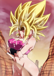Rule 34 | 1boy, 1girl, arms under breasts, ass, blonde hair, bottomless, breasts, caulifla, censored, cleavage, closed eyes, covered erect nipples, cum, cum on hair, dragon ball, dragon ball super, facial, fellatio, large breasts, large penis, oral, outdoors, paizuri, paizuri under clothes, penis, pink tube top, pussy, pussy juice, rom (20), spiked hair, strapless, tube top