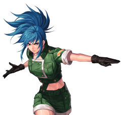Rule 34 | 1girl, blue eyes, blue hair, brown gloves, closed mouth, collarbone, commentary request, earrings, evilgun, fighting stance, gloves, green shirt, green shorts, high collar, high ponytail, highres, jewelry, leona heidern, long hair, looking at viewer, midriff, navel, ponytail, shirt, shorts, sidelocks, snk, solo, suspender shorts, suspenders, the king of fighters, thighs