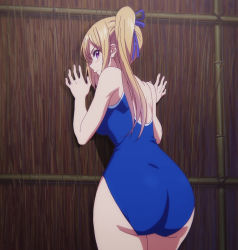 Rule 34 | 10s, 1girl, ass, blonde hair, blush, breasts, curvy, embarrassed, female focus, hair ribbon, highres, huge ass, kawakami mai, large breasts, looking at viewer, looking back, musaigen no phantom world, one-piece swimsuit, ponytail, purple eyes, ribbon, screencap, side ponytail, solo, swimsuit, wide hips