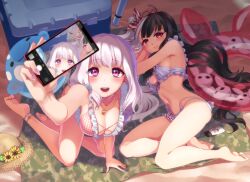 Rule 34 | 2girls, :d, anklet, arm up, bare legs, barefoot, beach, beach towel, bikini, blush, breasts, cellphone, cleavage, closed mouth, commentary request, cooler, day, feet, foreshortening, frilled bikini, frills, from above, hakkaku shikimi, hat, highres, holding, holding phone, innertube, jewelry, large breasts, legs, long hair, lotion, medium breasts, multiple girls, nail polish, navel, necklace, nijisanji, one side up, open mouth, outdoors, phone, pink nails, red innertube, sand, selfie, shade, shiina yuika, shiina yuika (6th costume), sitting, smartphone, smile, soles, straw hat, sunscreen, swim ring, swimsuit, taking picture, toes, towel, unworn hat, unworn headwear, virtual youtuber, yokozuwari, yorumi rena, yorumi rena (7th costume)