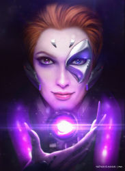 Rule 34 | 1girl, absurdres, artist name, blue eyes, commentary, english commentary, eyelashes, facing viewer, fingernails, glowing, headgear, heterochromia, highres, long fingernails, looking at viewer, making-of available, mechanical parts, moira (overwatch), nathan elhanan, orb, overwatch, overwatch 1, portrait, red eyes, red hair, reference work, short hair, solo