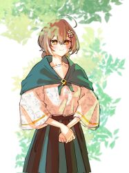 Rule 34 | 1girl, ahoge, alternate costume, alternate hairstyle, blush, brown eyes, brown hair, capelet, crossed bangs, floral print, flower, green capelet, green skirt, hair flower, hair ornament, highres, hololive, hololive english, long skirt, loose clothes, loose shirt, low twintails, multicolored hair, nanashi mumei, own hands together, pleated skirt, shirt, short hair, skirt, smile, streaked hair, tree, twintails, virtual youtuber, white shirt, wide sleeves, yuutomeh