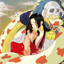 Rule 34 | 1boy, 1girl, black hair, boa hancock, chimiso, closed eyes, closed mouth, earrings, hand on another&#039;s neck, highres, jewelry, long hair, monkey d. luffy, one piece, petals, salome (one piece), short hair, signature, sleeping, snake, snake earrings