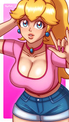 Rule 34 | 1girl, alternate costume, arm up, beg4cake, blonde hair, blouse, blue eyes, blue shorts, border, breasts, choker, cleavage, collarbone, denim, denim shorts, grin, hand up, highres, ighs, jewelry, large breasts, legs, lips, lipstick, long hair, looking at viewer, makeup, mario (series), midriff, nail polish, navel, neck, necklace, nintendo, outside border, pink background, pink choker, pink lips, pink nails, pink shirt, ponytail, princess, princess peach, shiny skin, shirt, short shorts, short sleeves, shorts, smile, solo, super mario bros. 1, thick thighs, thighs, white border