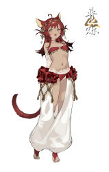 1girl :d absurdres ahoge animal_ears bandeau blush brown_eyes cat_ears cat_tail character_request choker clothing_cutout collarbone copyright_request dark-skinned_female dark_skin full_body hairband highres long_hair looking_at_viewer midriff navel o-ring o-ring_top open_mouth pants red_choker red_hair shisantian simple_background smile solo standing stomach strapless tail thigh_cutout translation_request tube_top white_background white_pants