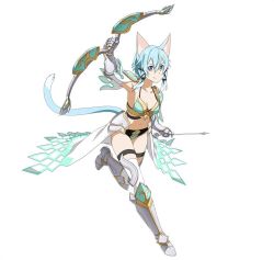 Rule 34 | 10s, 1girl, animal ears, arm up, armor, armored boots, arrow (projectile), bikini armor, black ribbon, blue eyes, blue hair, boots, bow (weapon), breasts, cat ears, cat tail, cleavage, detached sleeves, full body, gauntlets, hair between eyes, hair ribbon, holding, holding weapon, knee boots, leg up, medium breasts, midriff, navel, pauldrons, ribbon, short hair with long locks, shoulder armor, sidelocks, simple background, sinon, sinon (sao-alo), solo, stomach, sword art online, tail, thigh strap, thighhighs, weapon, white background, white thighhighs