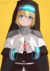 1girl armor black_dress black_veil blonde_hair blue_eyes blush capelet closed_mouth commentary darahan dress en&#039;en_no_shouboutai english_commentary gloves habit hair_between_eyes head_tilt heart heart_hands iris_(en&#039;en_no_shouboutai) long_sleeves looking_at_viewer nun pauldrons shoulder_armor signature simple_background smile solo veil white_capelet white_gloves yellow_background