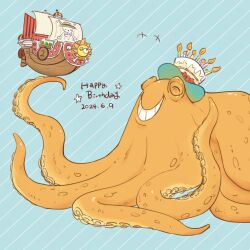 Rule 34 | +++, ^ ^, birthday cake hat, blue background, candle, candlelight, closed eyes, commentary request, dated, diagonal striped background, fish, happy birthday, highres, holding, jolly roger, kraken, namisan sukida, one piece, ship, smile, star (symbol), straw hats jolly roger, surume (one piece), thousand sunny, veil, watercraft