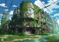 abandoned blue_sky building cloud commentary_request day dilapidated grass highres moss no_humans original outdoors overgrown plant post-apocalypse power_lines river ruins scenery sign sky tokyogenso vines water