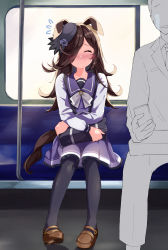 Rule 34 | 1boy, 1girl, animal ears, bag, black hair, commentary request, crying, embarrassed, hair between eyes, highres, horse ears, horse tail, rice shower (umamusume), school bag, school uniform, sitting, solo focus, stomach growling, tail, thighhighs, tiara (871220), tracen school uniform, train, train interior, umamusume, uniform