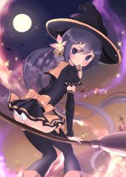 Rule 34 | 10s, 1girl, absurdres, akebono (kancolle), ass, bad id, bad pixiv id, bat (animal), bell, black dress, black legwear, bow, broom, candy, detached sleeves, dress, flower, food, from behind, full moon, hair bell, hair flower, hair ornament, hairclip, halloween, hat, highres, kantai collection, long hair, looking at viewer, looking back, moon, night, night sky, panties, puffy short sleeves, puffy sleeves, purple eyes, purple hair, short dress, short sleeves, side ponytail, sidesaddle, sky, solo, star (sky), starry sky, underwear, very long hair, white panties, witch hat, x hair ornament, yuu zaki