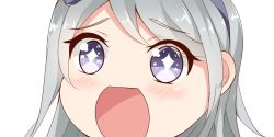 Rule 34 | + +, 10s, 1girl, asymmetrical bangs, close-up, hairband, kantai collection, long hair, looking at viewer, nahaki, no nose, open mouth, portrait, purple eyes, purple hairband, sagiri (kancolle), silver hair, simple background, solo, sparkling eyes, swept bangs, symbol-shaped pupils, tareme, white background