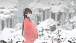Rule 34 | 1girl, absurdres, artist logo, black hair, chinese clothes, closed mouth, forest, grey eyes, hand up, hanfu, highres, hua ming wink, long hair, nature, original, pointy ears, snow, snowing, solo, standing, tree, wide sleeves